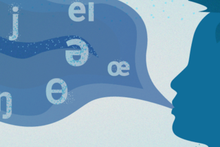 Figure of a side profile. A speech bubble filled with phonetic symbols extends from the mouth.
