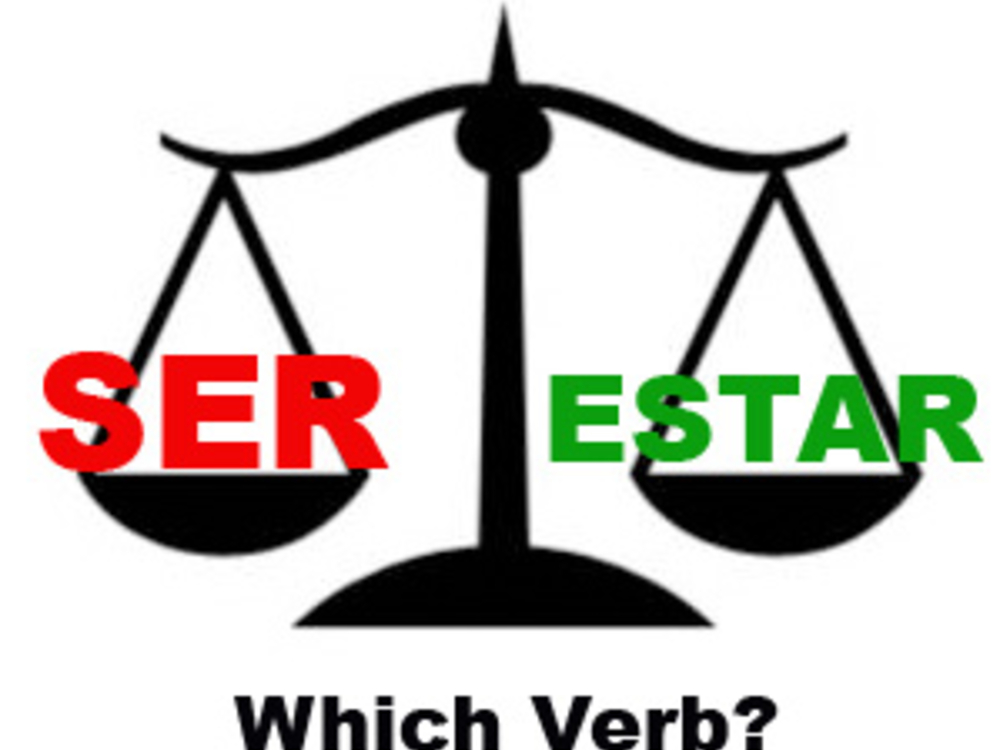 a scale balancing "ser" and "estar". text underneath reads "which verb?" 